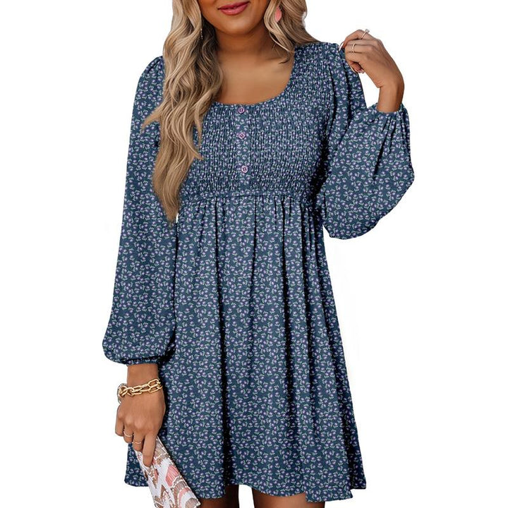 HARPER™ - Casual Smocked Empire Waist A-Line Dress with Button-Up Detail