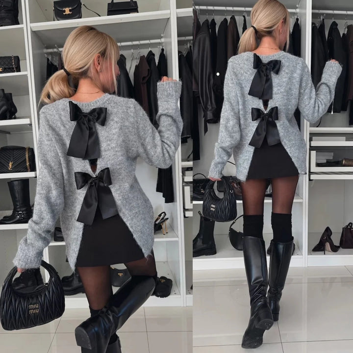 BELLA™ - Bow Back Ribbon Fuzzy Trim Sweater